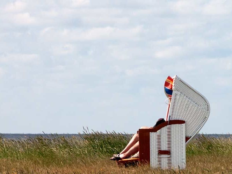 Personen sitzen in einem Strandkorb, im Vordergrund Gras, im Hintergrund die Seichkante